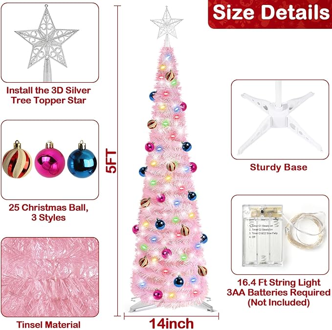 Pink 5 Ft Tinsel Christmas Tree – 60 LED Lights, Timer, 25 Ornaments, Battery Operated