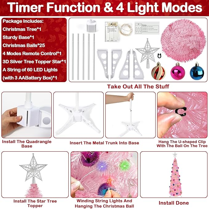Pink 5 Ft Tinsel Christmas Tree – 60 LED Lights, Timer, 25 Ornaments, Battery Operated