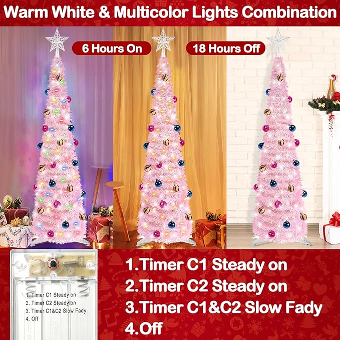 Pink 5 Ft Tinsel Christmas Tree – 60 LED Lights, Timer, 25 Ornaments, Battery Operated