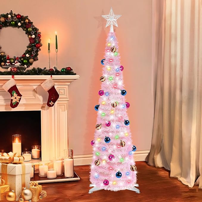 Pink 5 Ft Tinsel Christmas Tree – 60 LED Lights, Timer, 25 Ornaments, Battery Operated