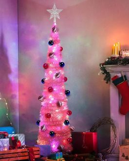 Pink 5 Ft Tinsel Christmas Tree – 60 LED Lights, Timer, 25 Ornaments, Battery Operated