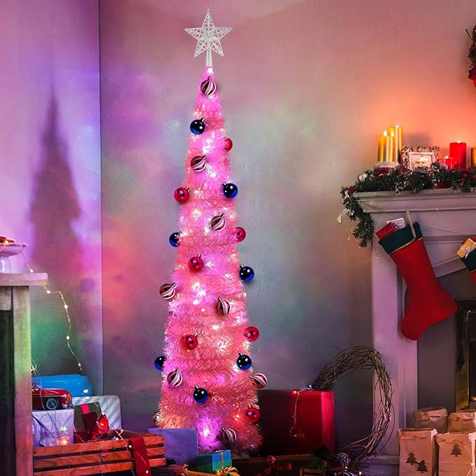 Pink 5 Ft Tinsel Christmas Tree – 60 LED Lights, Timer, 25 Ornaments, Battery Operated