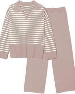 Pink Queen Women’s 2-Piece Sweater Set – Knitted Stripe V-Neck Long Sleeve Top & Pants Lounge Outfit