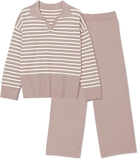 Pink Queen Women’s 2-Piece Sweater Set – Knitted Stripe V-Neck Long Sleeve Top & Pants Lounge Outfit