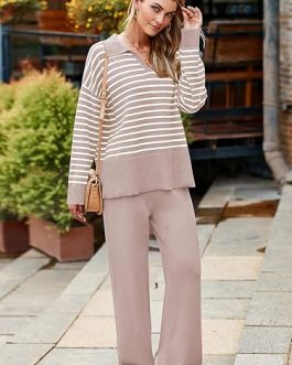 Pink Queen Women’s 2-Piece Sweater Set – Knitted Stripe V-Neck Long Sleeve Top & Pants Lounge Outfit
