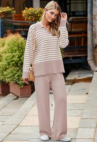Pink Queen Women’s 2-Piece Sweater Set – Knitted Stripe V-Neck Long Sleeve Top & Pants Lounge Outfit
