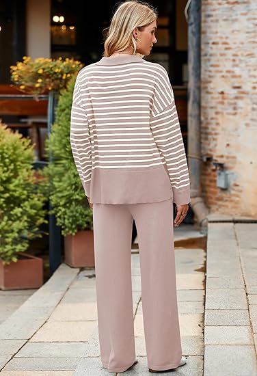 Pink Queen Women’s 2-Piece Sweater Set – Knitted Stripe V-Neck Long Sleeve Top & Pants Lounge Outfit