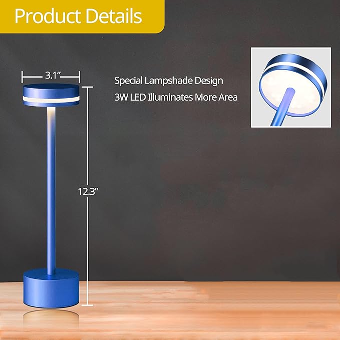 Rechargeable Touch Lamp – Stepless Dimmable Cordless Bedside & Table Light (Blue)