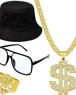 Retro 80s 90s Hip Hop Costume Kit – Fake Gold Chains, Necklace, Ring, Glasses & Hat for Party Outfits