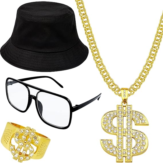 Retro 80s 90s Hip Hop Costume Kit – Fake Gold Chains, Necklace, Ring, Glasses & Hat for Party Outfits