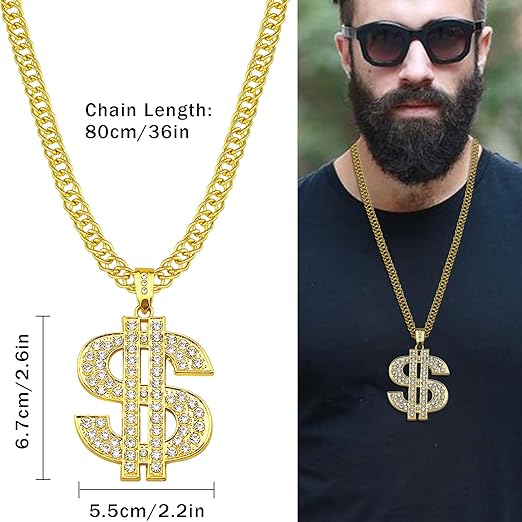 Retro 80s 90s Hip Hop Costume Kit – Fake Gold Chains, Necklace, Ring, Glasses & Hat for Party Outfits