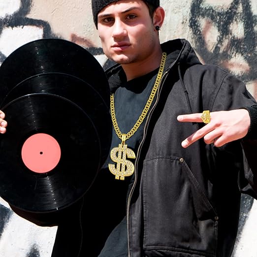 Retro 80s 90s Hip Hop Costume Kit – Fake Gold Chains, Necklace, Ring, Glasses & Hat for Party Outfits