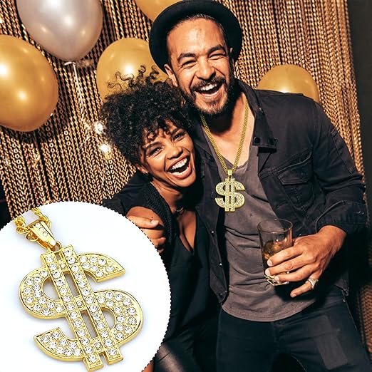 Retro 80s 90s Hip Hop Costume Kit – Fake Gold Chains, Necklace, Ring, Glasses & Hat for Party Outfits