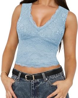 SAUNGKUAI Women’s Lace V-Neck Sleeveless Top – Double-Lined Trendy Going-Out Blouse
