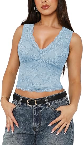 SAUNGKUAI Women’s Lace V-Neck Sleeveless Top – Double-Lined Trendy Going-Out Blouse