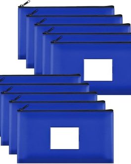 SMARTAKE Blue Zipper Bags – 10-Pack Leather Pouches for Money, Makeup, Invoices & Tools (11.5” x 6.2”)