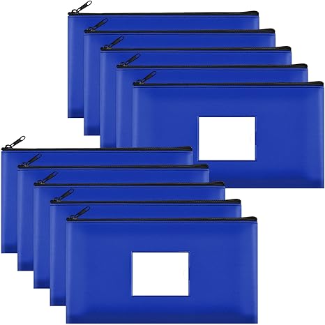 SMARTAKE Blue Zipper Bags – 10-Pack Leather Pouches for Money, Makeup, Invoices & Tools (11.5” x 6.2”)