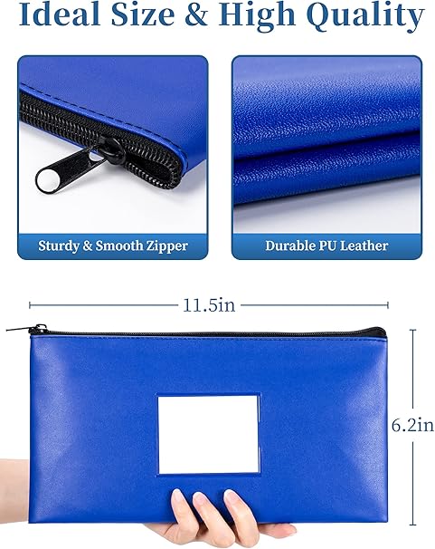 SMARTAKE Blue Zipper Bags – 10-Pack Leather Pouches for Money, Makeup, Invoices & Tools (11.5” x 6.2”)