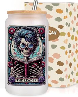 Skeleton Reader Glass Cup – Gothic Bookish Iced Coffee Tumbler, Witchy Gift for Readers & Halloween Lovers