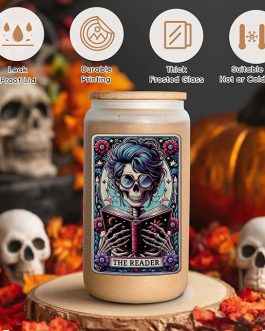 Skeleton Reader Glass Cup – Gothic Bookish Iced Coffee Tumbler, Witchy Gift for Readers & Halloween Lovers