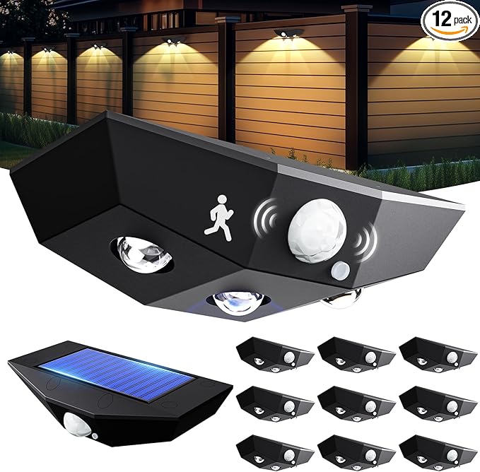 Solar Fence Lights 12-Pack – Motion Sensor Outdoor Lights with Dual Color Modes, Waterproof