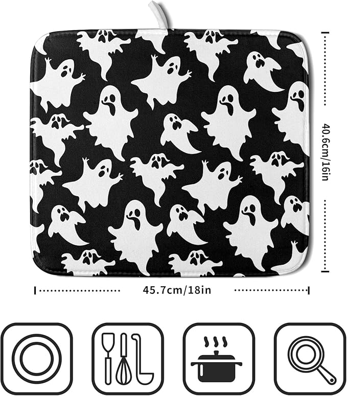 Spooky Ghost & Bat Dish Drying Mat – 16x18” Halloween Kitchen Counter Pad