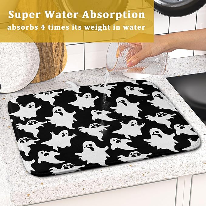 Spooky Ghost & Bat Dish Drying Mat – 16x18” Halloween Kitchen Counter Pad