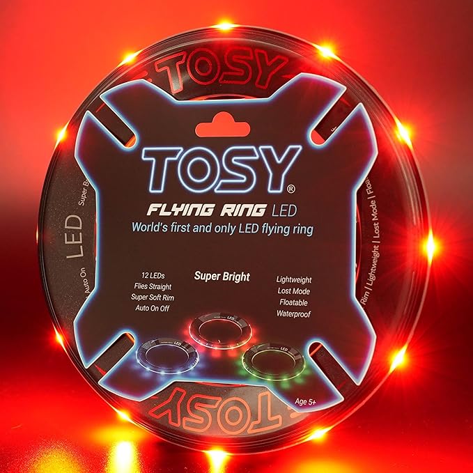 TOSY Red LED Flying Ring – 12 Super Bright Lights, Waterproof, Auto Light-Up Outdoor Toy
