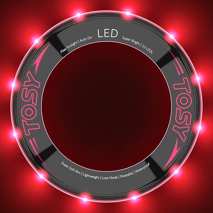 TOSY Red LED Flying Ring – 12 Super Bright Lights, Waterproof, Auto Light-Up Outdoor Toy