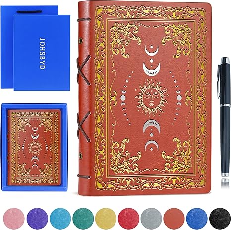 Vintage Sun & Moon Journal – A5 Brown Faux Leather Hardcover Notebook with Pen, 320 Pages