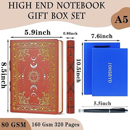 Vintage Sun & Moon Journal – A5 Brown Faux Leather Hardcover Notebook with Pen, 320 Pages