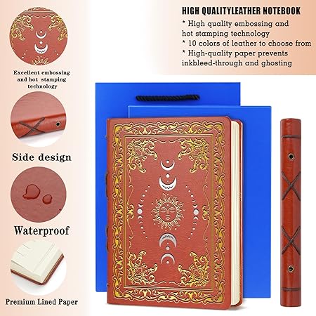 Vintage Sun & Moon Journal – A5 Brown Faux Leather Hardcover Notebook with Pen, 320 Pages