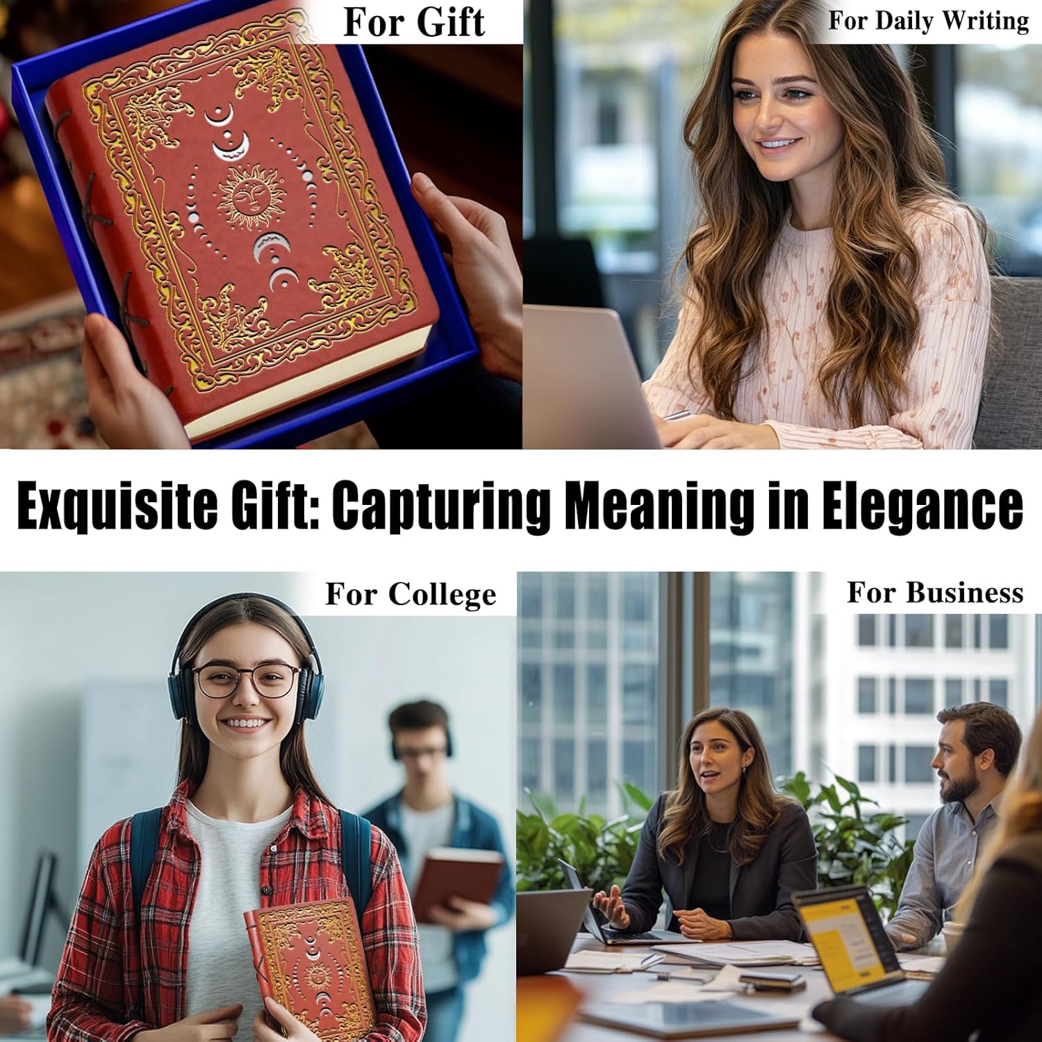 Vintage Sun & Moon Journal – A5 Brown Faux Leather Hardcover Notebook with Pen, 320 Pages