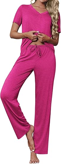 Women’s Soft Pajama Set – 2-Piece V-Neck Short Sleeve Sleepwear with Pants & Pockets by Ekouaer