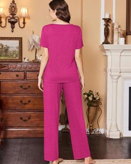 Women’s Soft Pajama Set – 2-Piece V-Neck Short Sleeve Sleepwear with Pants & Pockets by Ekouaer