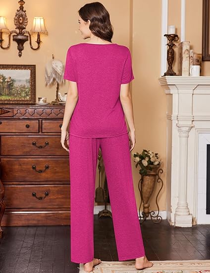 Women’s Soft Pajama Set – 2-Piece V-Neck Short Sleeve Sleepwear with Pants & Pockets by Ekouaer
