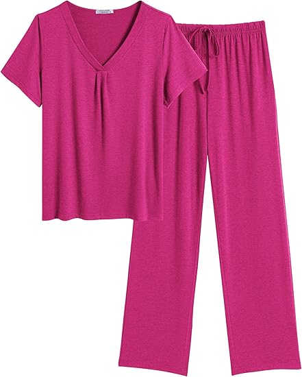 Women’s Soft Pajama Set – 2-Piece V-Neck Short Sleeve Sleepwear with Pants & Pockets by Ekouaer
